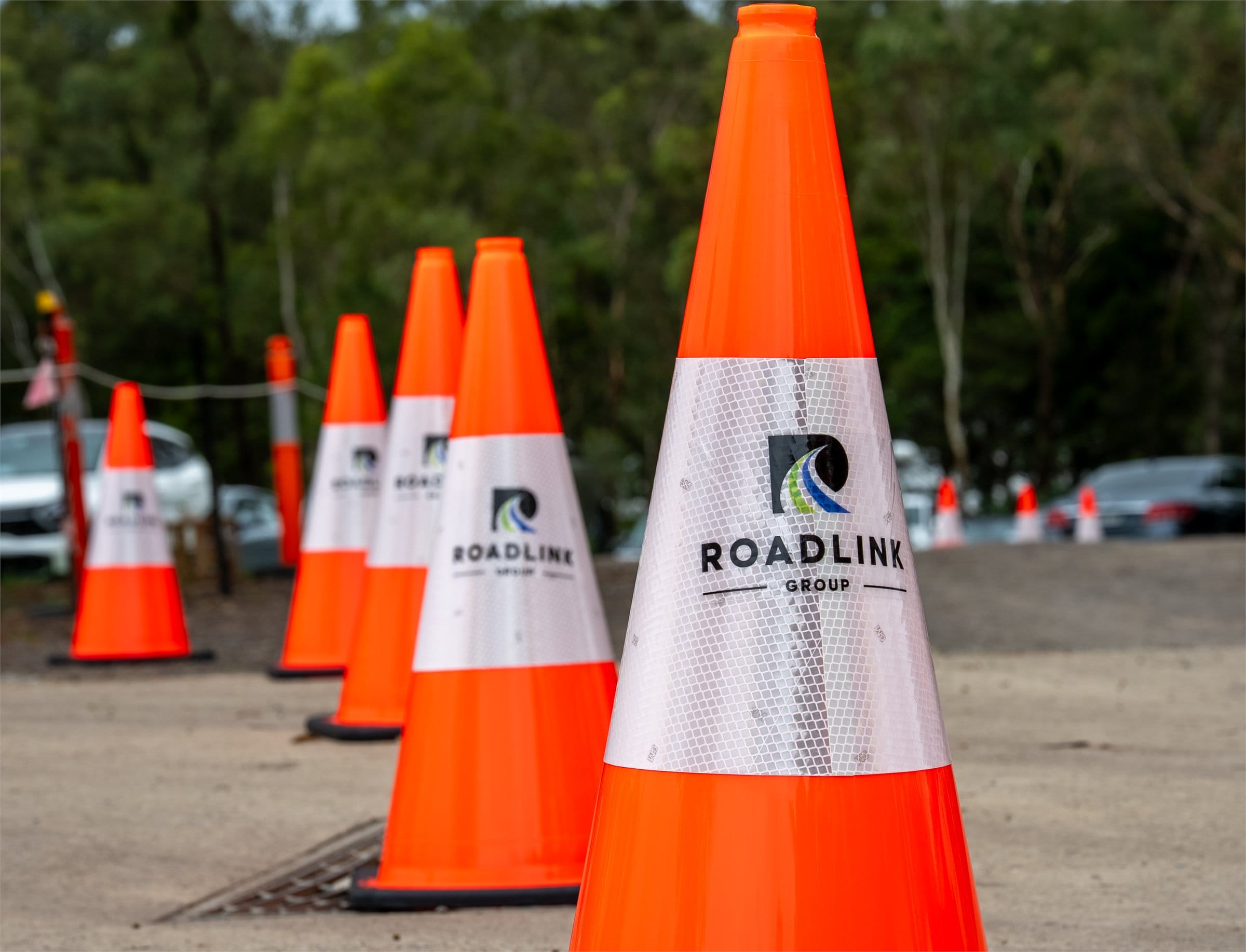 Roadlink Group branded traffic cones on a NSW traffic management site