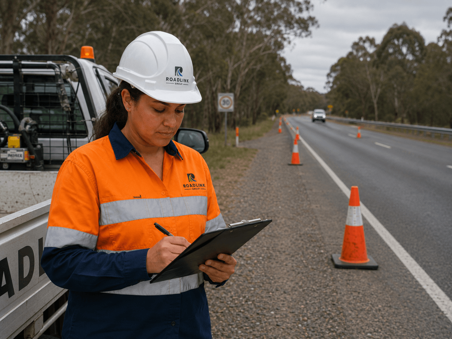 Roadlink Group worker completing a roadside WHS safety check beside traffic cones