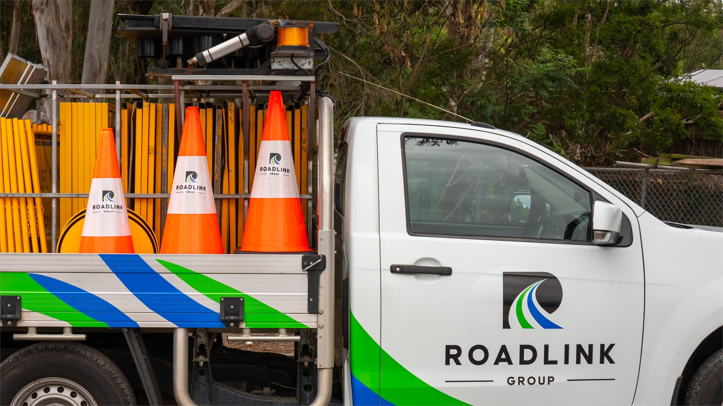 Roadlink Group traffic control vehicle carrying reusable equipment and signage