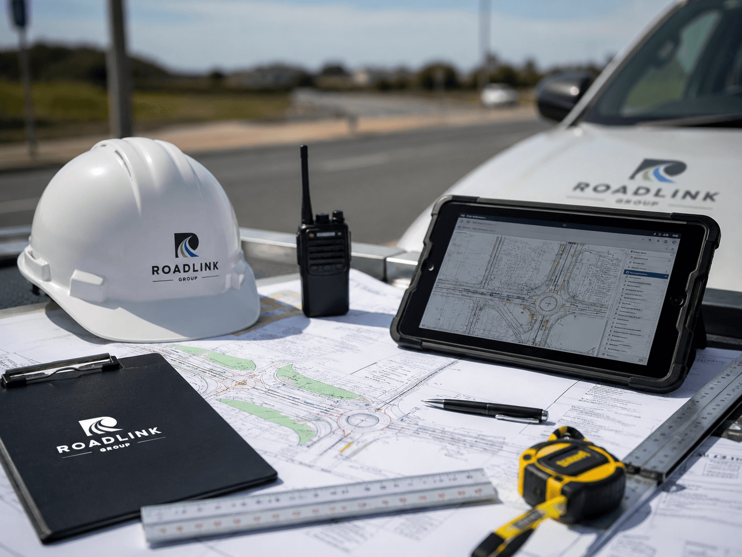 Roadlink Group traffic engineering plans tablet and safety equipment