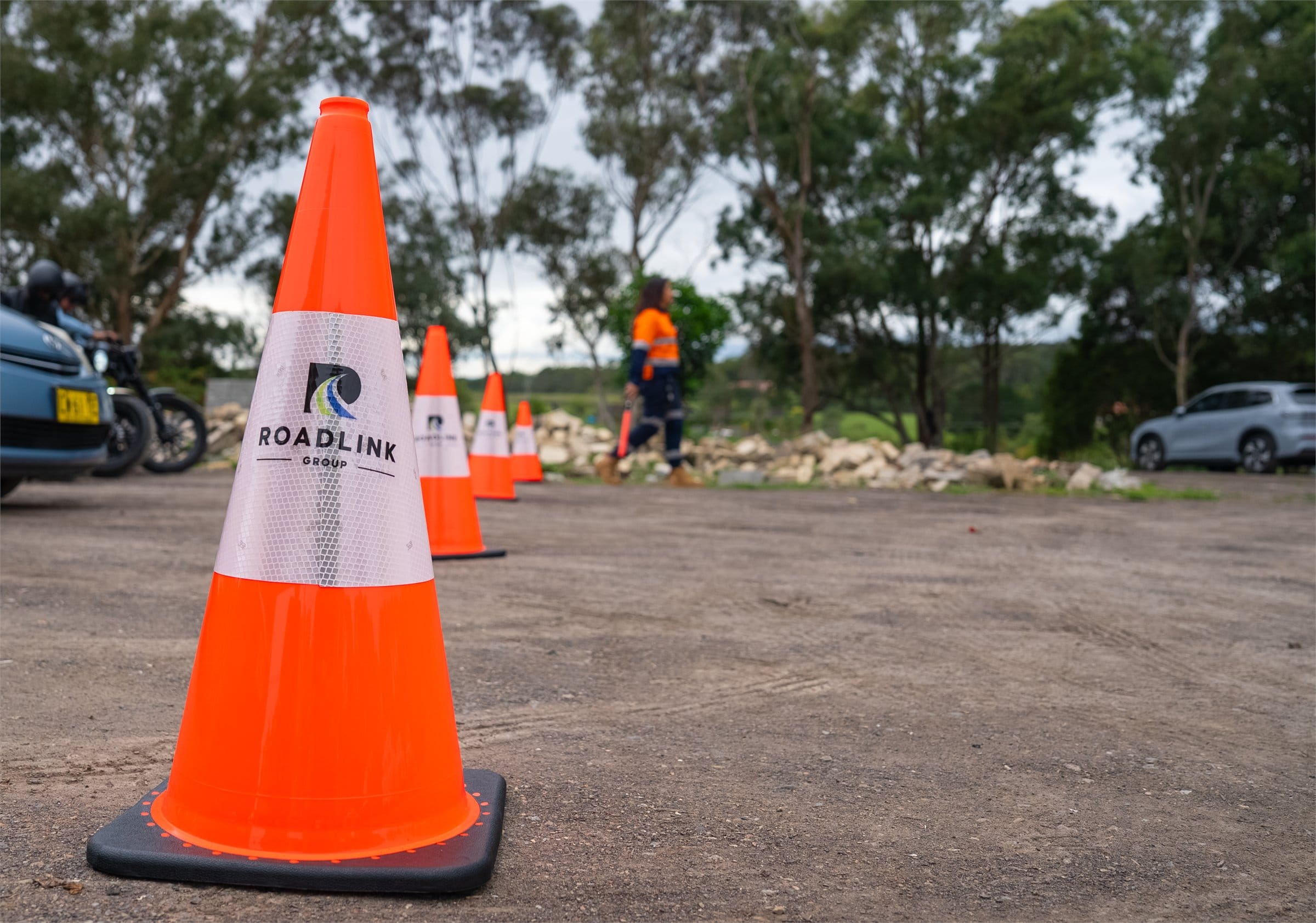 Roadlink Group branded cone marking a controlled traffic management area