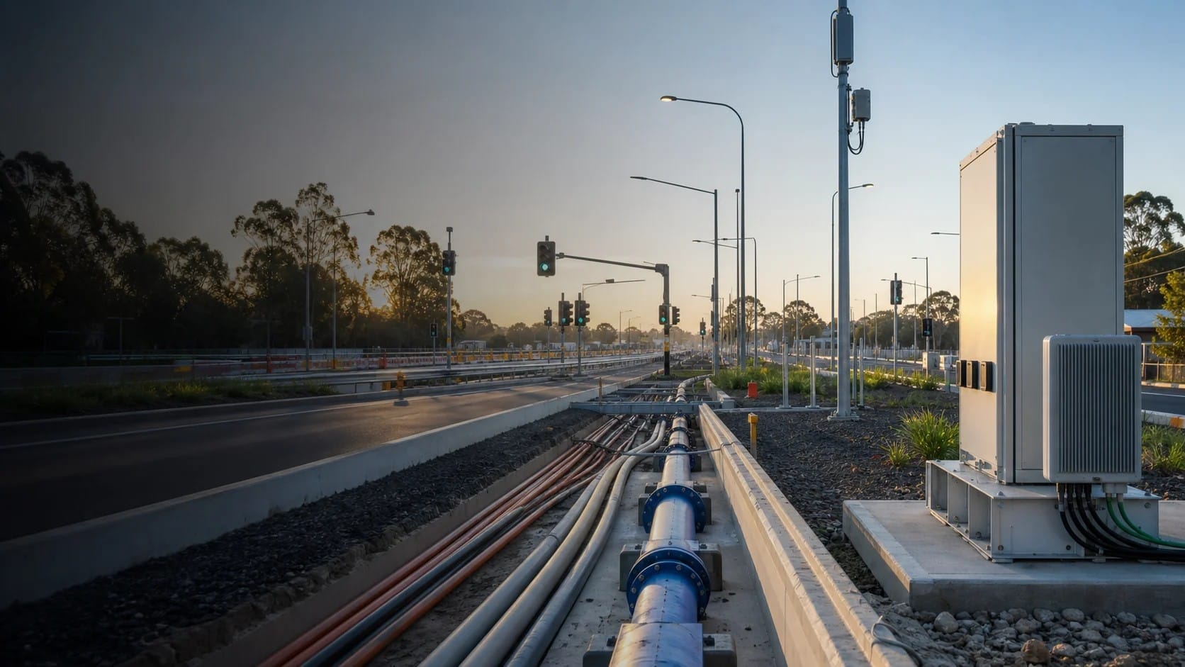 Concept image of a connected Australian road, transport technology and utility infrastructure corridor