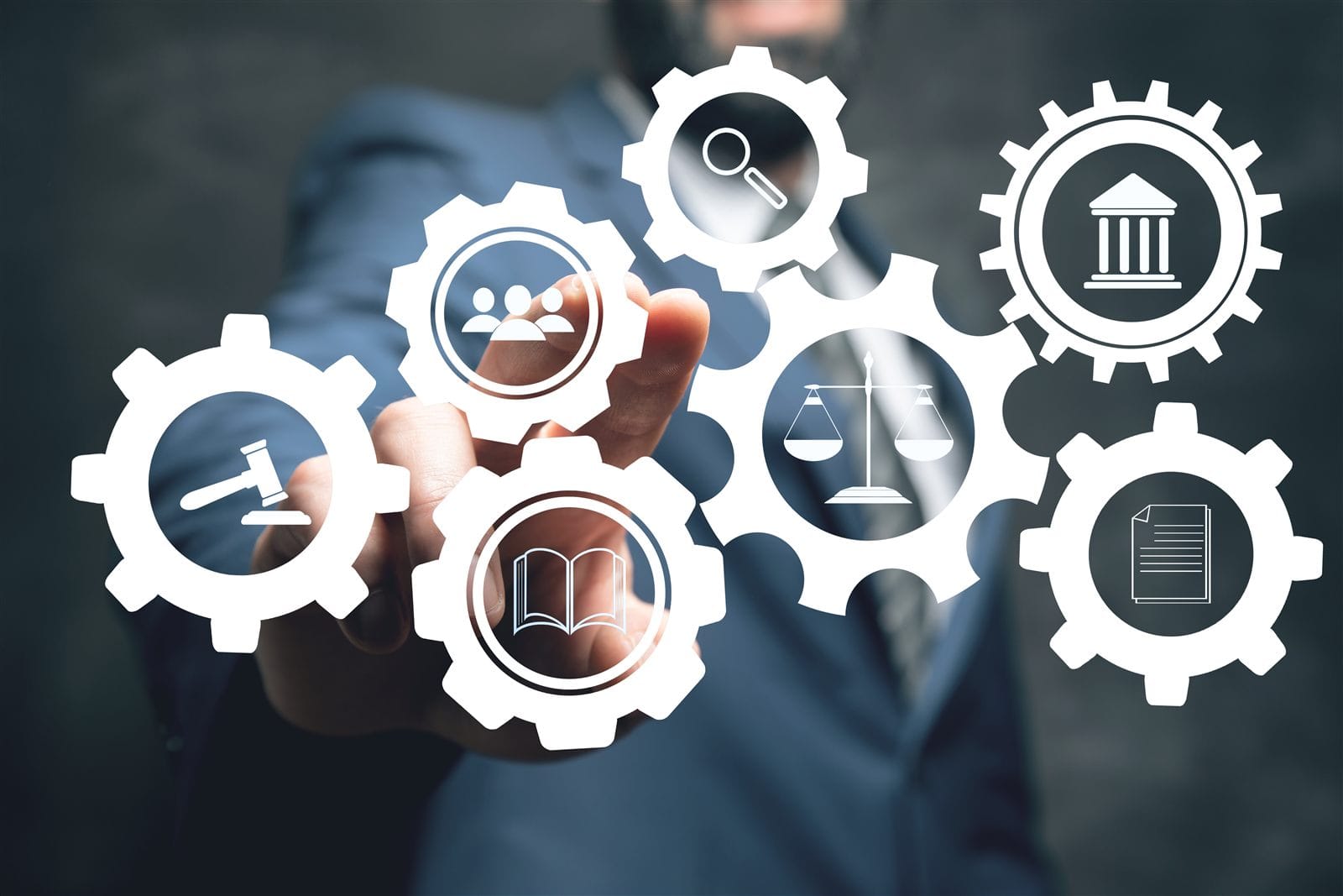 Government, justice, compliance and public-service symbols displayed on connected gears