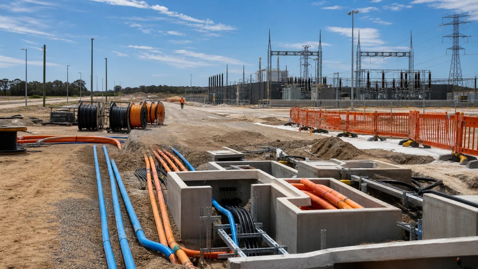 Concept image of underground electrical conduits and a modern substation project environment