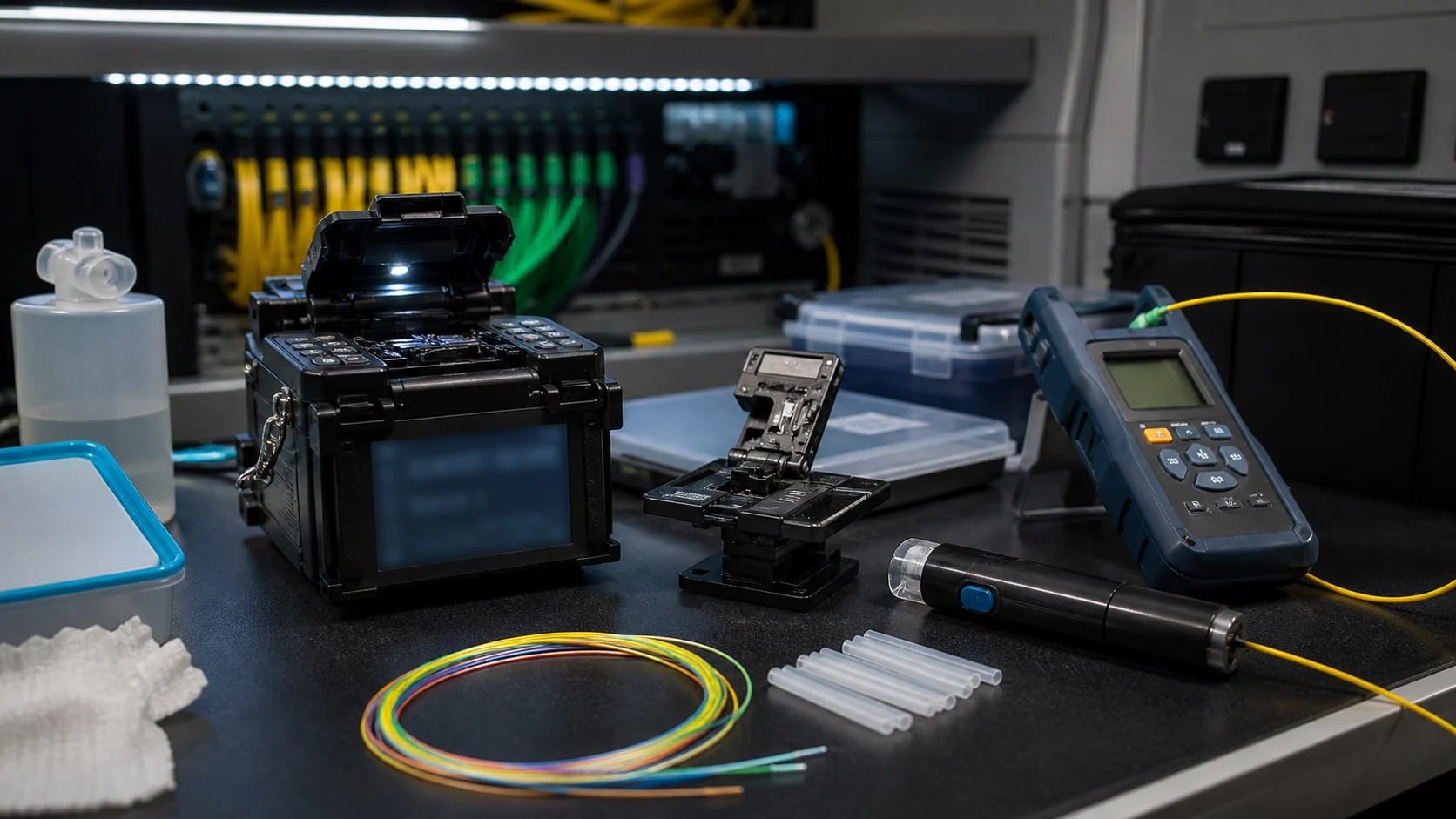 Concept image of fibre splicing and optical test equipment in a technician workspace