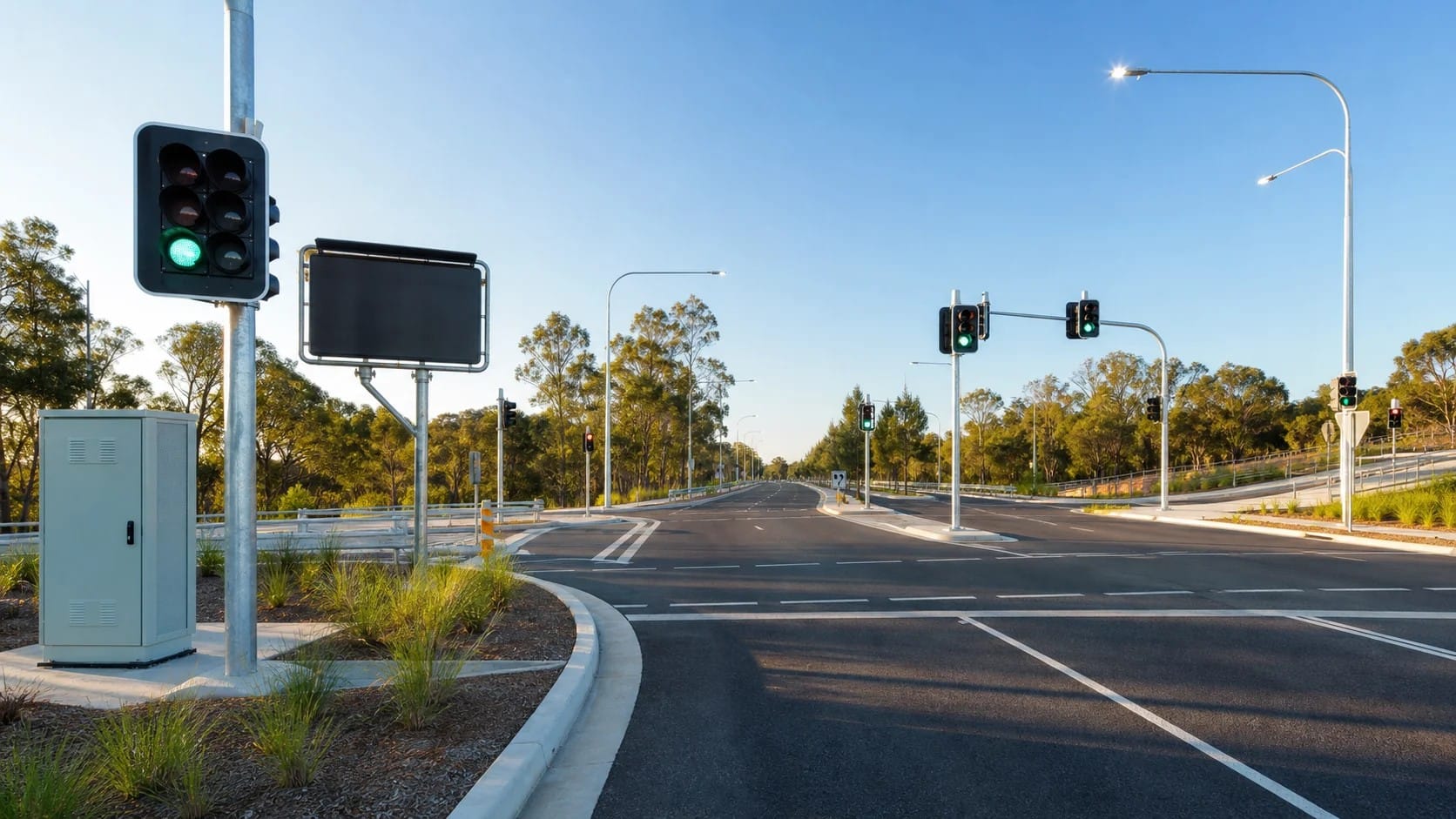 Concept image of traffic signals, intelligent transport equipment and road lighting on an Australian intersection