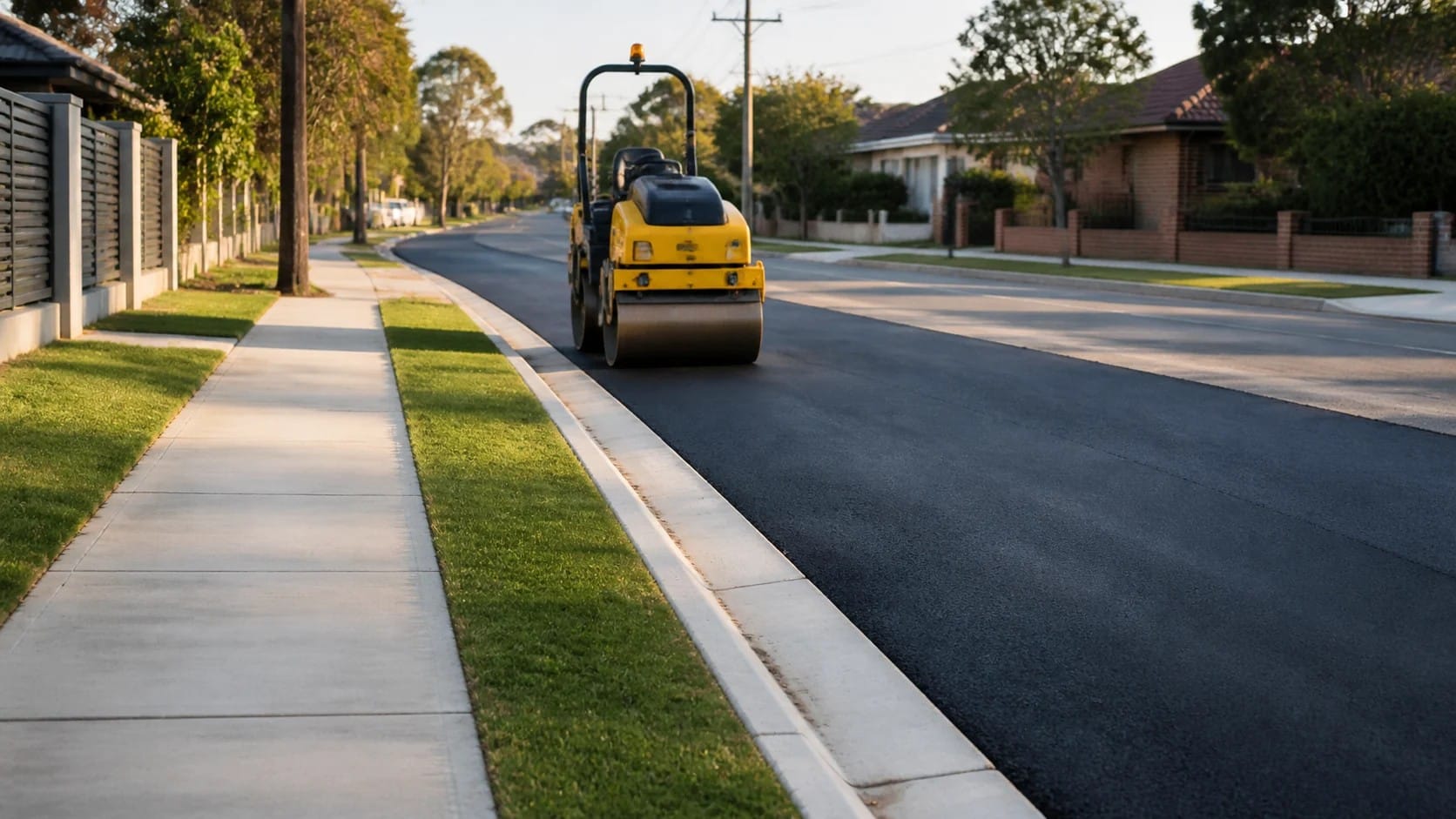 Concept image of completed asphalt, footpath, kerb and verge reinstatement on an Australian street