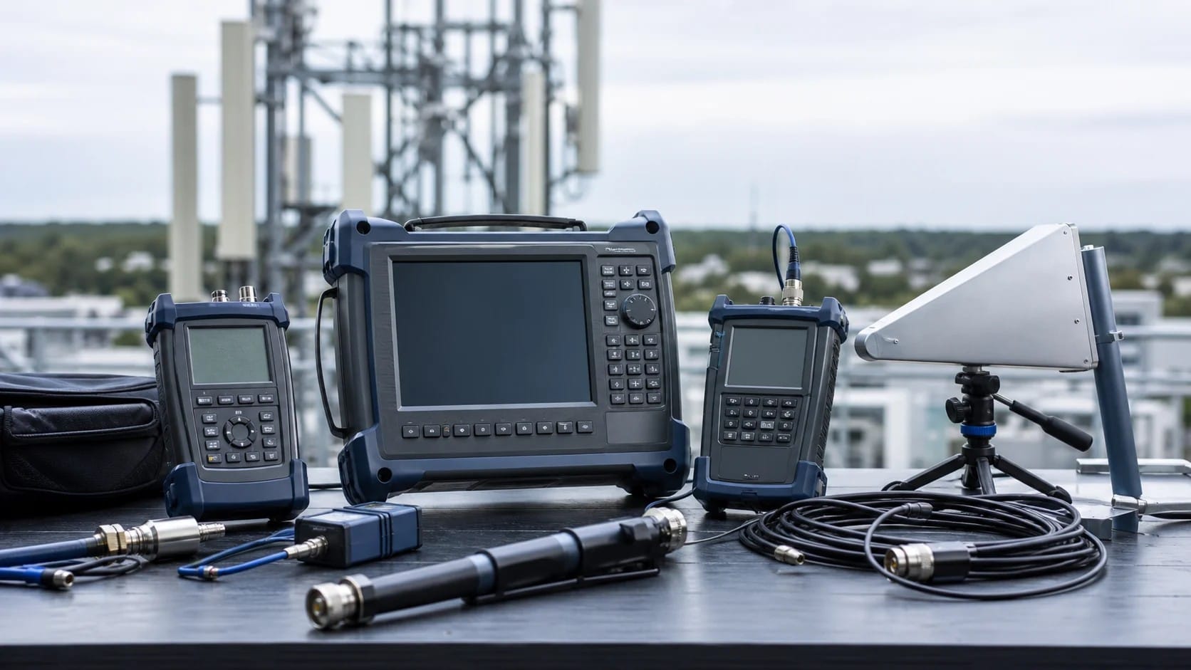 Concept image of radio-frequency test and measurement equipment at a telecommunications site