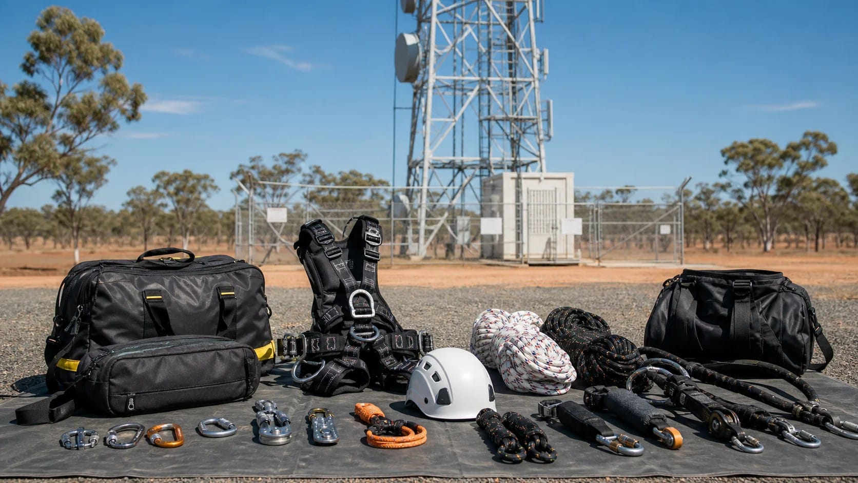 Concept image of telecommunications rigging and access equipment prepared beside a tower site