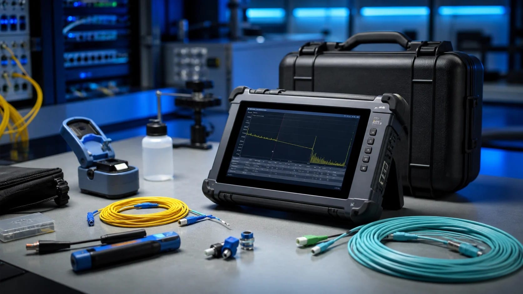 Concept image of an OTDR machine and fibre-optic testing products on a technical workbench