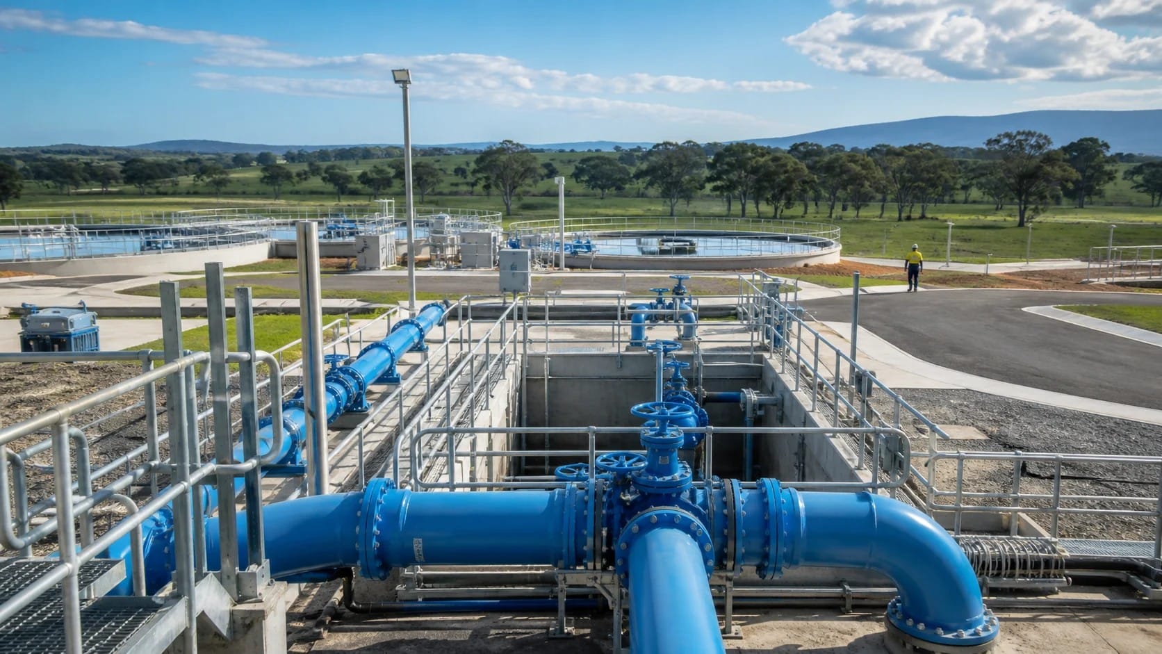 Concept image of blue water pipelines and treatment infrastructure in regional Australia